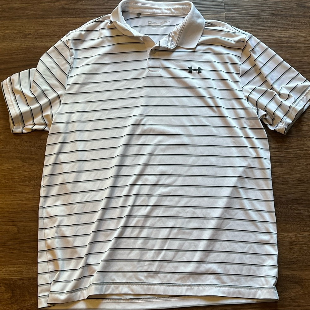 Under Armour Mens Golf Polo Shirt White And Gray Stripes Mens Size L
